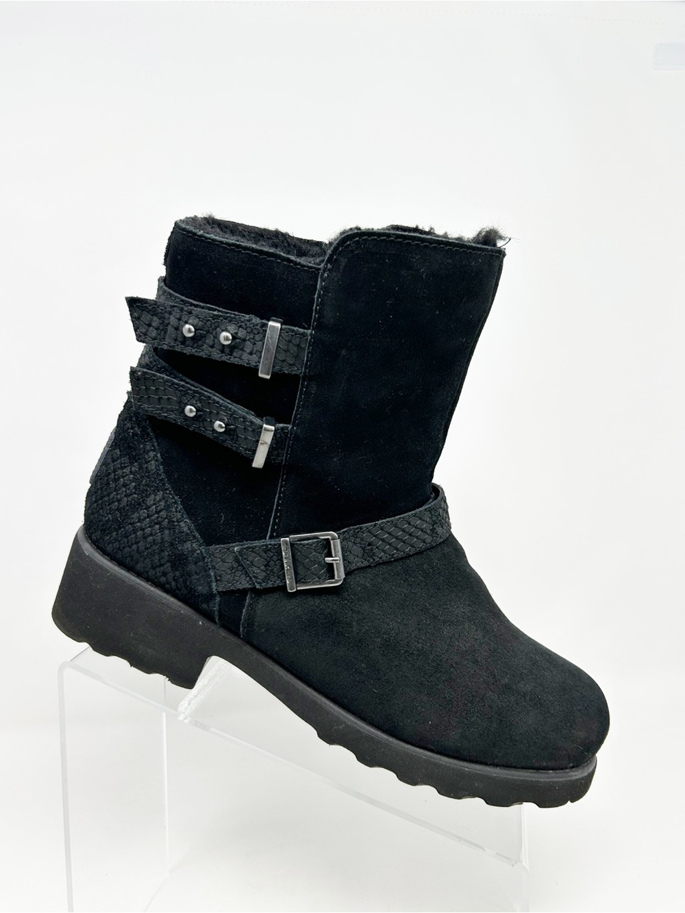 BEARPAW Lucy Womens Black Moto Ankle Boots Sheepskin Lined Buckle Zip Size 9
